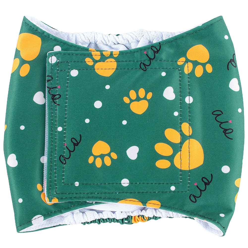 Green washable dog sanitary wraps featuring yellow paw prints and white dots.