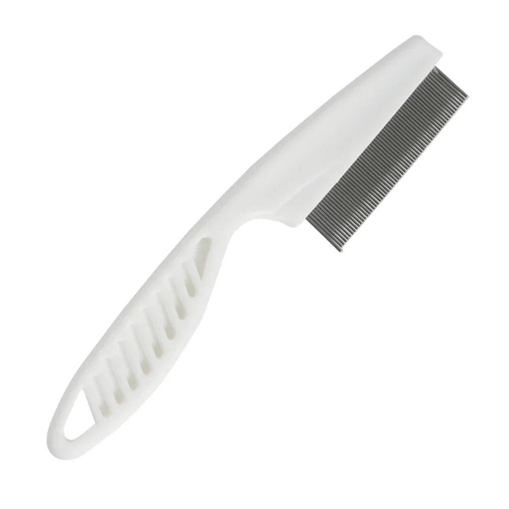 A white dual-sided pet grooming comb with flexible bristles shown from the side.