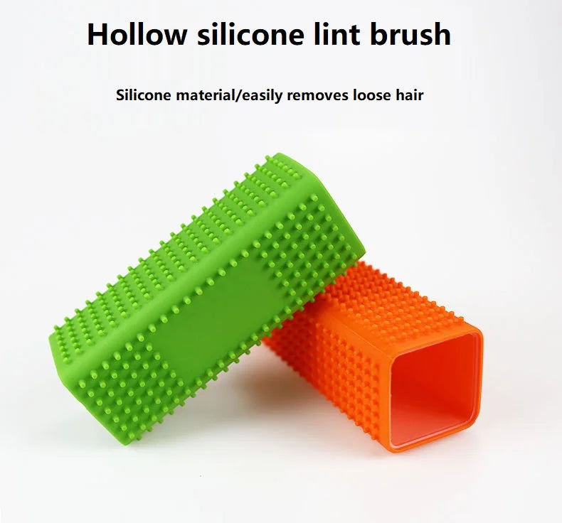 A green silicone lint brush and an orange silicone lint brush are shown diagonally on a white background.