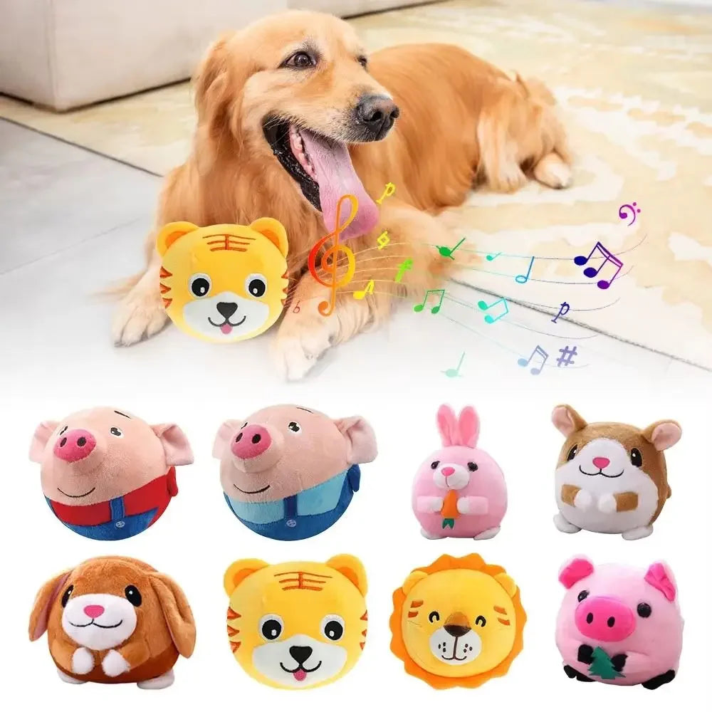 A collection of soft plush toys including a dog, tiger, rabbit, and pig, used as interactive pet shake and jump ball toys.