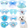 A collection of blue and light blue lace bowtie collar accessories for small dogs and cats.