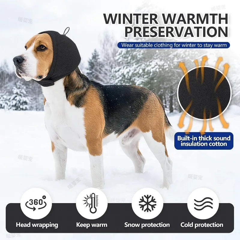 A dog wearing a black head wrapping for winter warmth preservation in the snow.