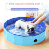 A white dog is bathing in a blue foldable pet scrubbing bowl or tub.