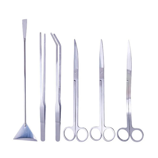 A set of stainless steel aquarium cleaning tools including a skimmer and various cleaning implements.