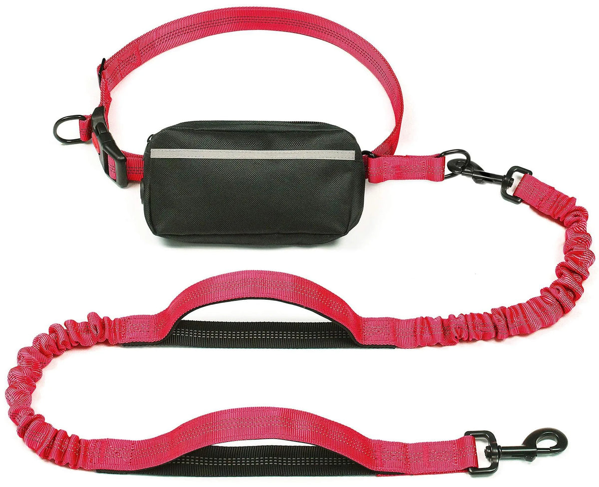 Rote ausziehbare Bungee-Leine mit schwarzem Reißverschlussbeutel und verstellbare Schnalle.