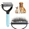 A stainless steel pet grooming comb is shown with a handle, next to a dog and a cat, and a black version of the comb.