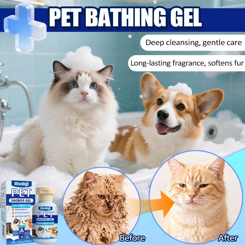 Image showing a cat and a dog bathing in water with pet bathing gel, demonstrating before and after results.