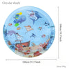 Circular shark design water play mat for cats featuring various ocean fish and marine animals