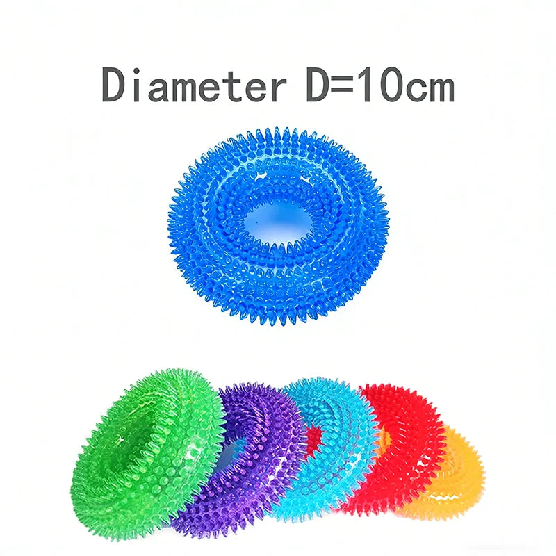A collection of colorful, spiky squeaky dog chew toys with a diameter of 10cm.