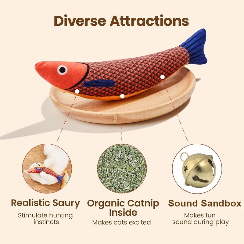 A realistic saury fish plush toy with catnip inside and a sound sandbox for cats