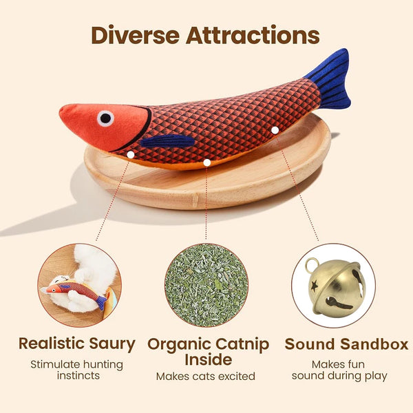 A realistic saury fish plush toy with catnip inside and a sound sandbox for cats