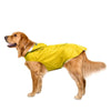 A golden retriever wearing a bright yellow reflective waterproof dog raincoat.