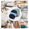 A pair of blue and gray electrostatic pet hair removal gloves shown with various furniture and pet settings.