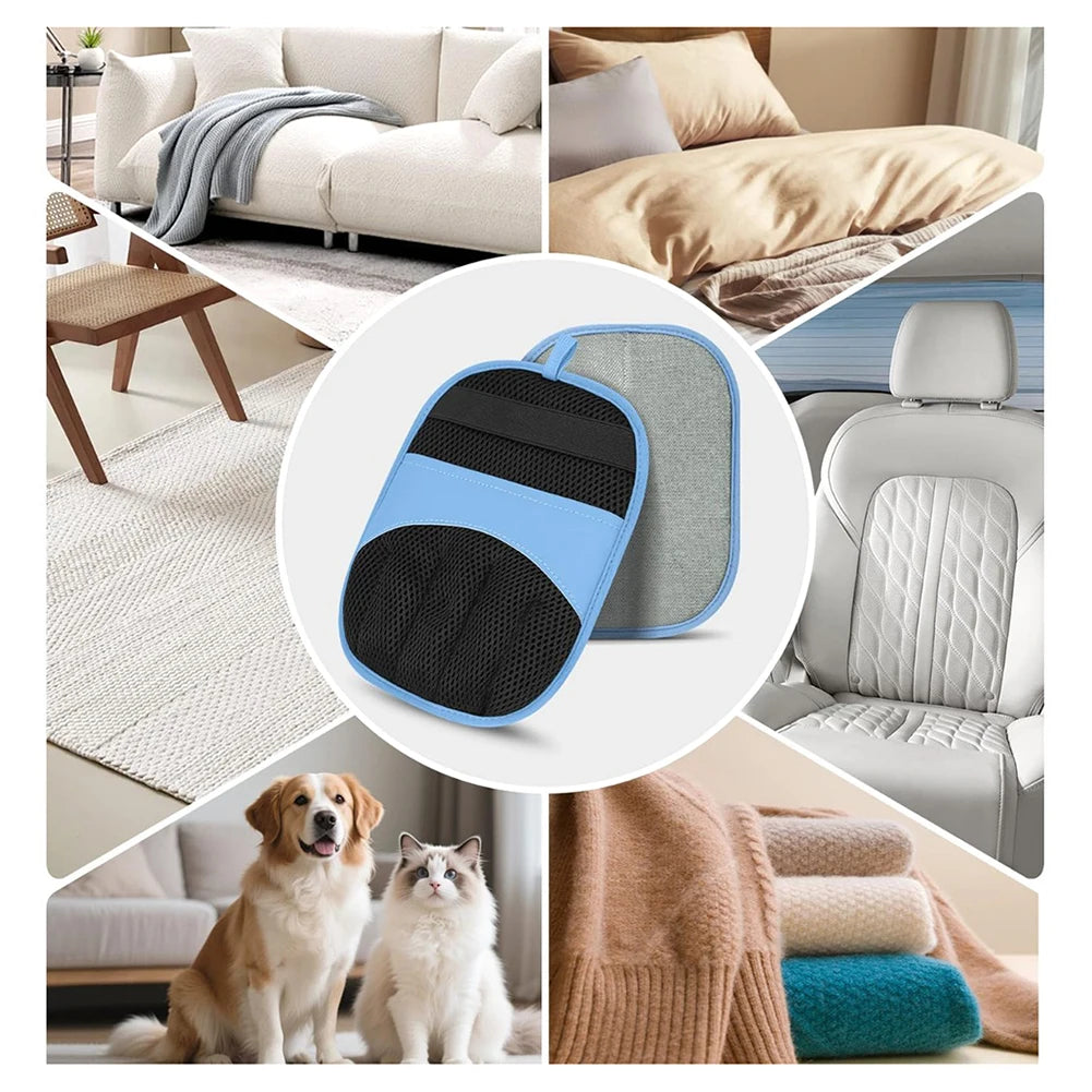 A pair of blue and gray electrostatic pet hair removal gloves shown with various furniture and pet settings.