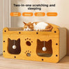 A wooden cat scratching and sleeping house with two paw-shaped openings for a cat.
