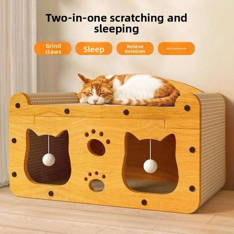 A wooden cat scratching and sleeping house with two paw-shaped openings for a cat.