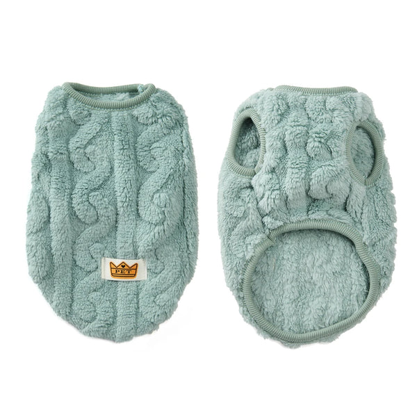 A light blue fuzzy fleece dog sweater for small and medium breeds.