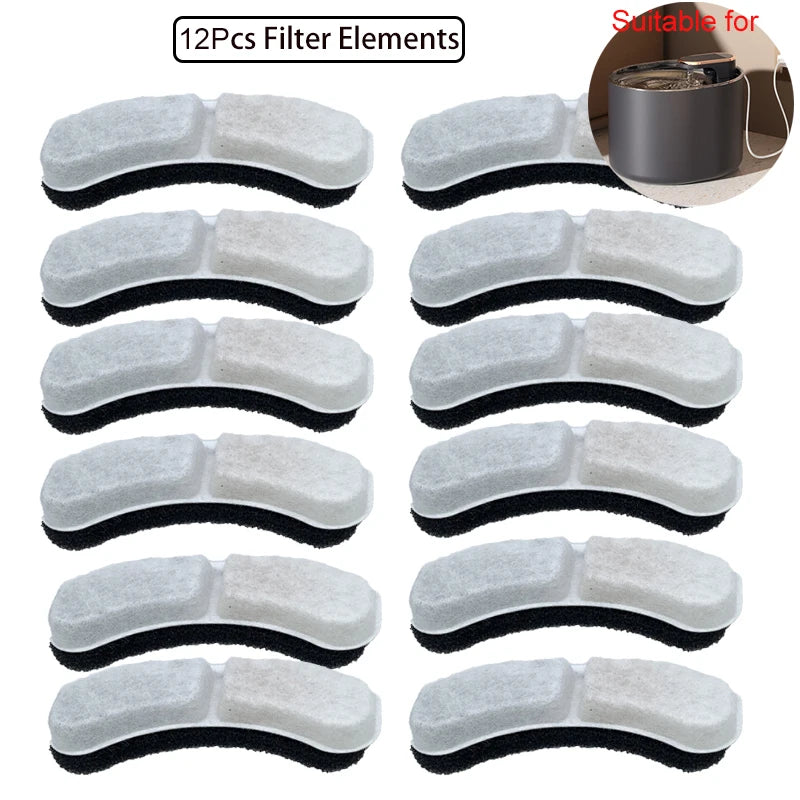Twelve replacement filter elements for pet water fountains shown in various shapes and sizes.