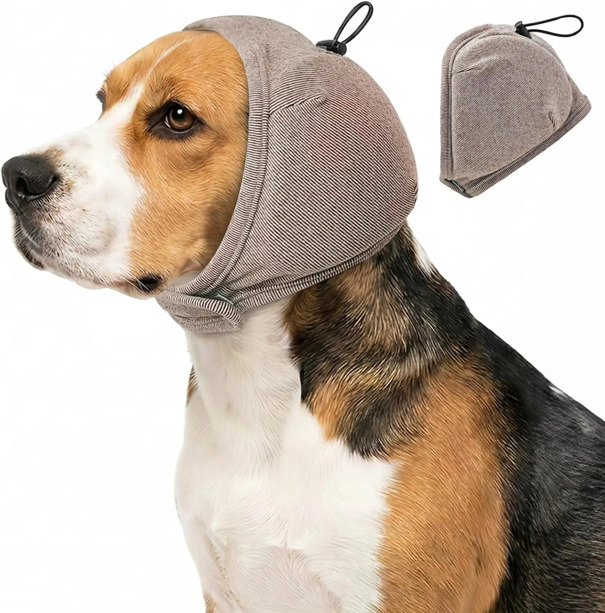 A dog wearing a gray calming headgear designed for comfort and anxiety relief.