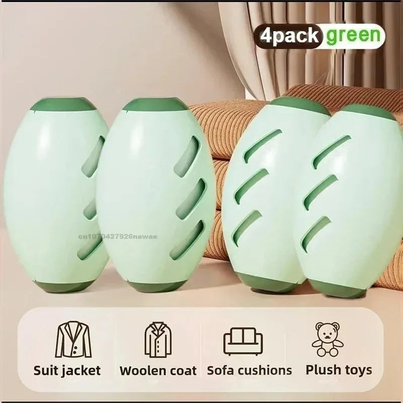 A set of four green reusable pet hair remover rollers with protective cases shown next to various items like a suit jacket, w