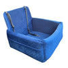 A blue quilted dog car seat with a removable orthopedic cushion and straps.