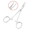 Stainless steel pet ear hair tweezers with a curved tip shown in a magnified view.