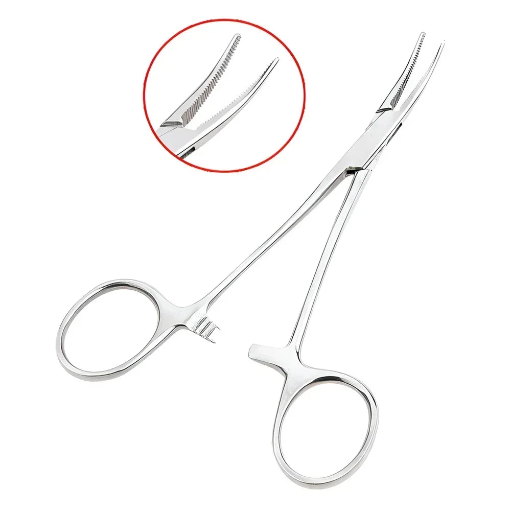 Stainless steel pet ear hair tweezers with a curved tip shown in a magnified view.