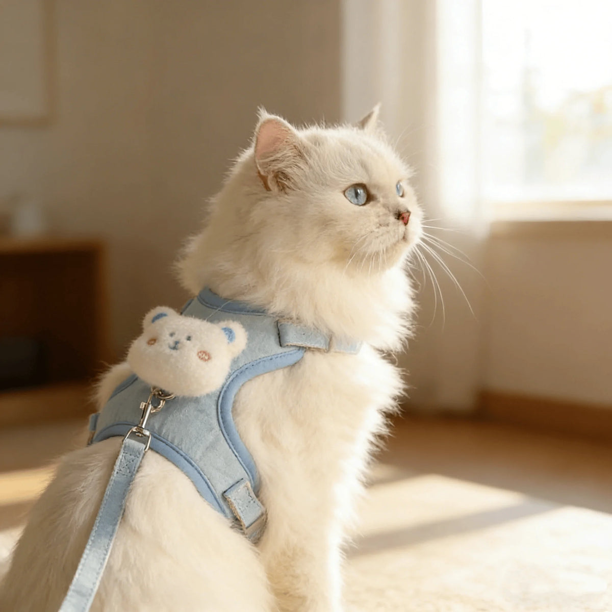 A fluffy white cat wearing a light blue animal walking harness and leash, sitting indoors by a window.