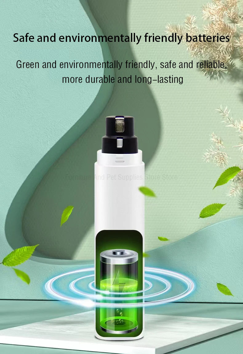 A white electric dog nail grinder bottle with a green light ring, set against a soft green background.