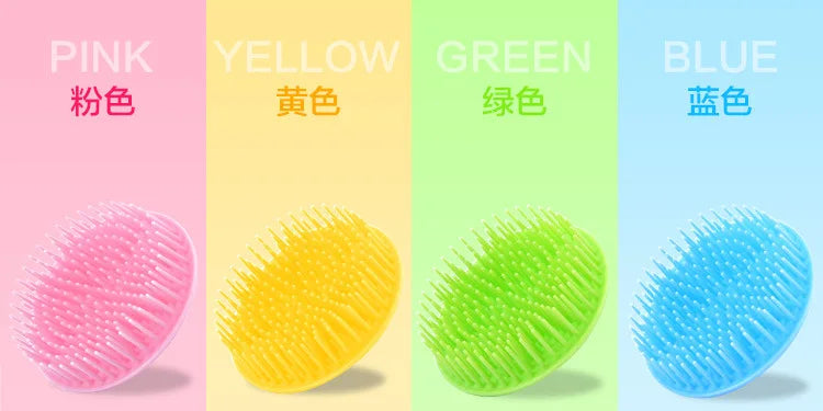 A set of silicone hair and scalp massage brushes in pink, yellow, green, and blue.
