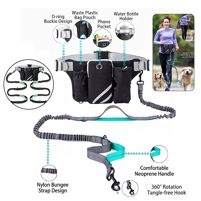 Hands-free reflective dog leash featuring a storage bag, phone pocket, and D-ring buckle design.