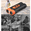 An orange ultrasonic pet bark repeller device shown with various dog scenarios.