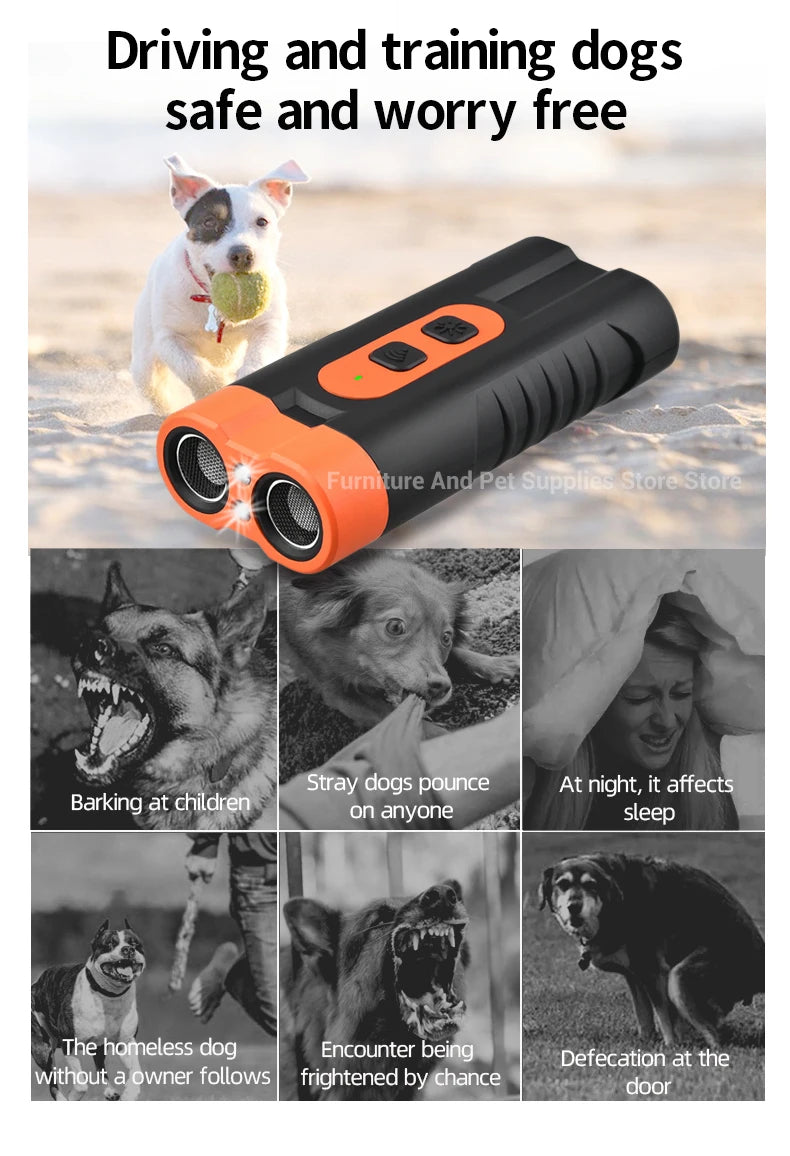 An orange ultrasonic pet bark repeller device shown with various dog scenarios.