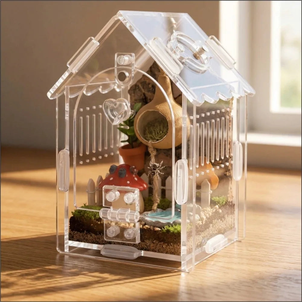 A clear plastic terrarium shaped like a house containing a miniature landscape and decorative elements.
