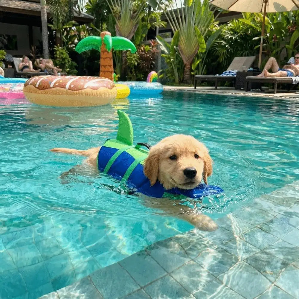 A golden-colored dog is floating in a blue life vest in a swimming pool.