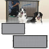 A black wire mesh folding pet safety fence with adhesive hooks is shown in use, separating a dog from a person.