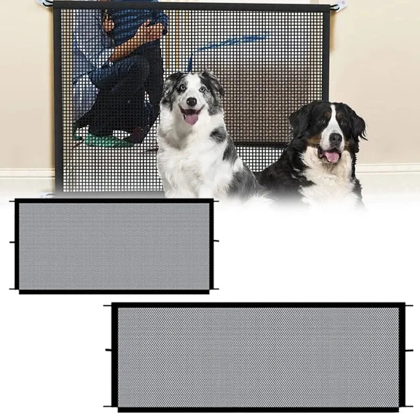 A black wire mesh folding pet safety fence with adhesive hooks is shown in use, separating a dog from a person.