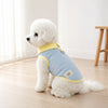 A fluffy white dog wearing a light blue dress with yellow trim sitting on a wooden floor.