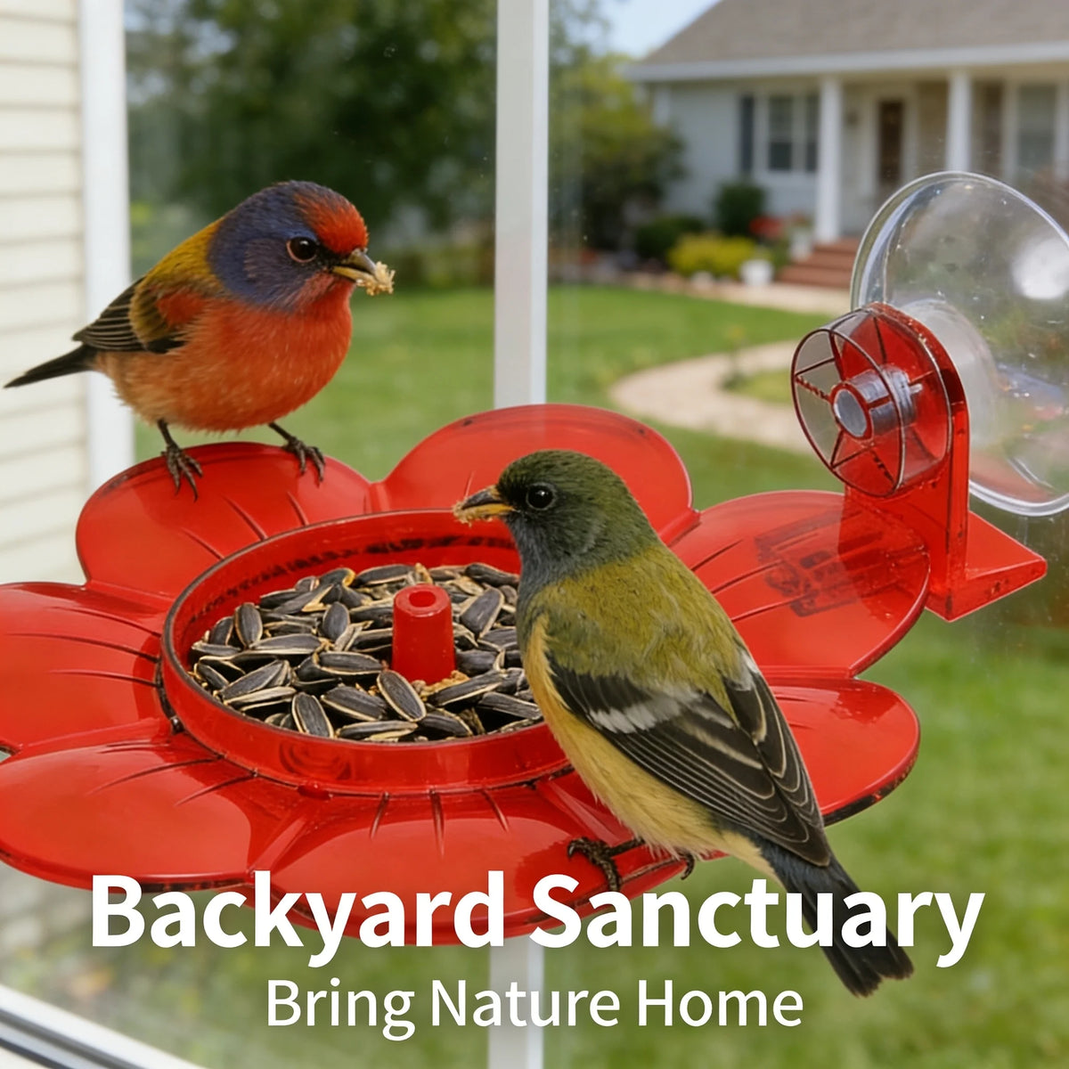 A red backyard sanctuary feeder with a hummingbird feeding station and a bird perched on it.