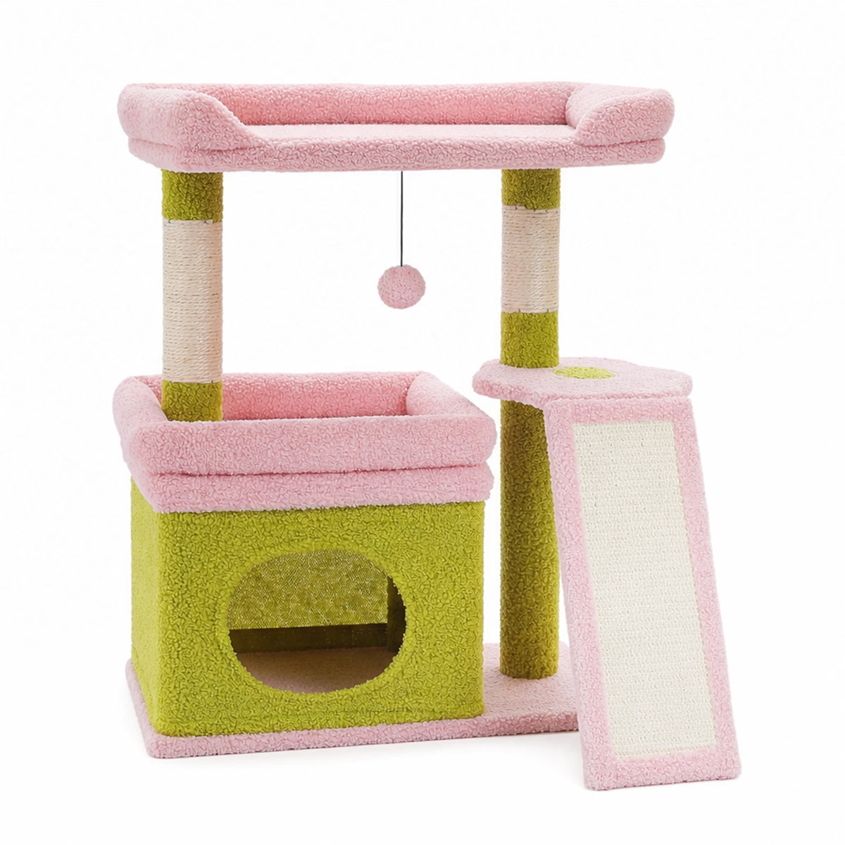 A pink and lime green compact cat tree with sisal scratching posts and cozy perches.