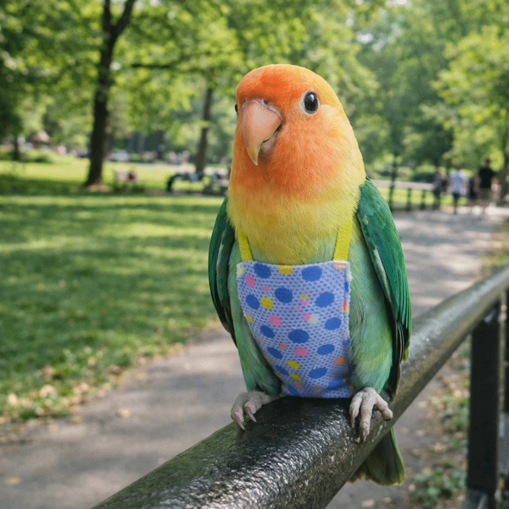 A vibrant orange and green parrot sitting on a metal railing in a park setting.