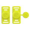 A pair of bright yellow silicone airtag holders designed to clip onto pet collars.