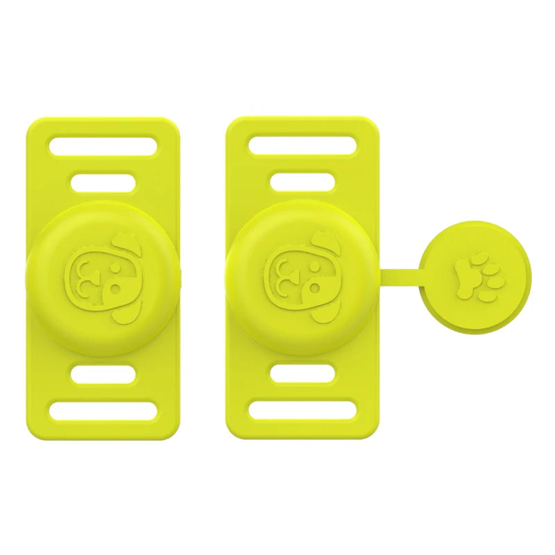 A pair of bright yellow silicone airtag holders designed to clip onto pet collars.