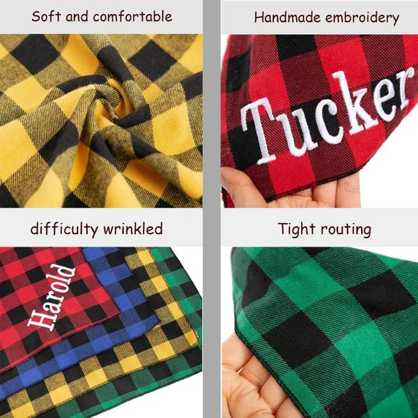 Close-up of a red plaid bandana with the name Tucker embroidered on it