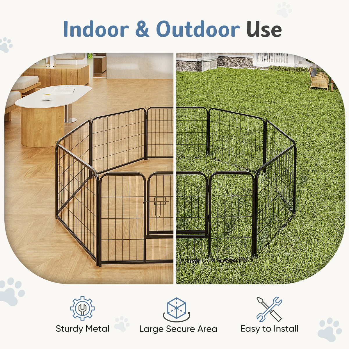 Cercado y jaula de ejercicio plegable de metal para perros, mostrados en interiores y exteriores, destacando el metal resiste