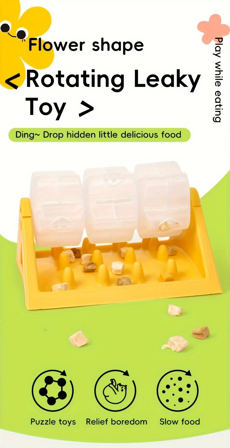 A yellow puzzle toy for feeding, featuring flower-shaped rotating leafy food pieces.