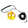 Yellow parrot bird harness and leash set with a black strap and clip.