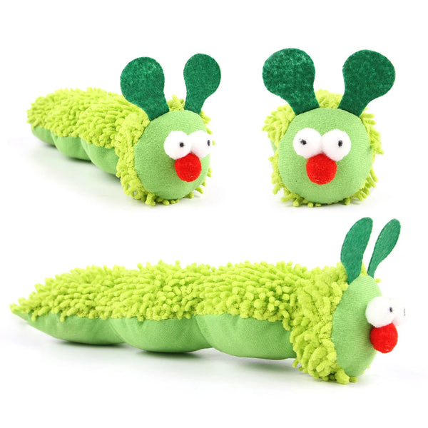 Green plush cat toy resembling a caterpillar with large green ears and a red mouth