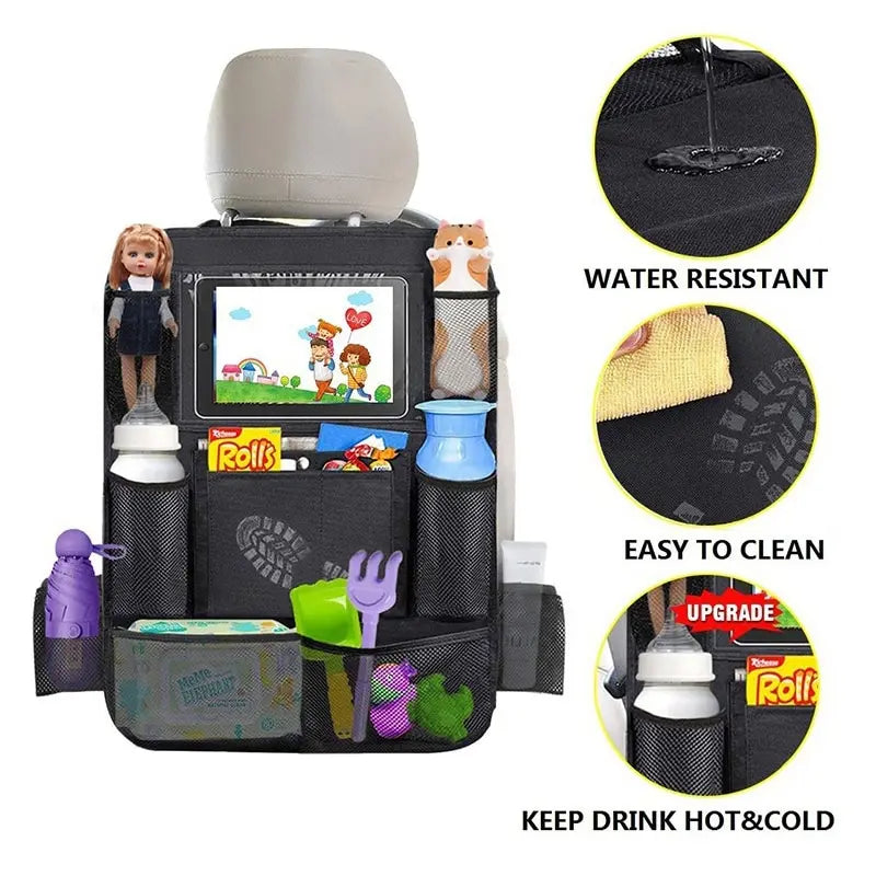 Car backseat organizer with a tablet holder and storage pockets featuring water resistance and easy cleaning features