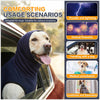 A dog wearing a dark blue calming anxiety vest is shown in various usage scenarios like traveling, medical consultation, and 